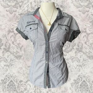 Striped Kaporal Short Sleeve Button-Up Embroidered Cotton Women’s Medium Shirt